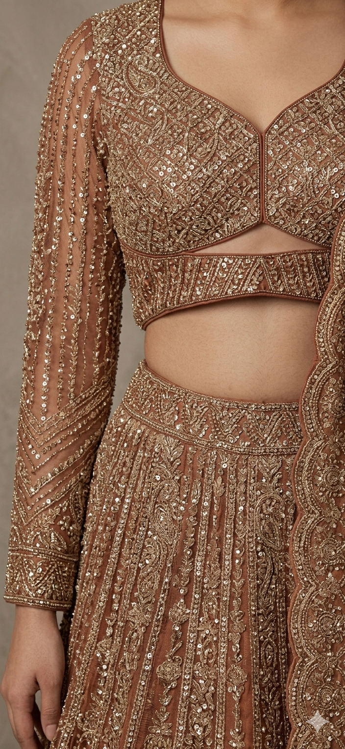 Close-up with intricate patterns and embroidery Rhea Aura luxury Wedding Guest lehenga — ivory and gold embroidered South Asian fusion wedding outfit, ENCHNTD London