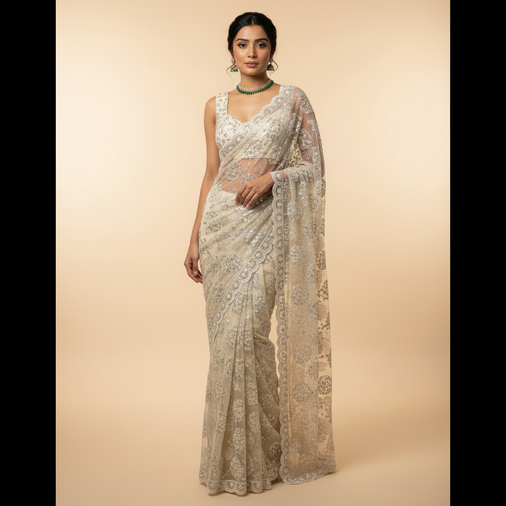 Sleeve cap blouse - Ivory / white Empress luxury wedding sari — modern South Asian fusion bridal or wedding guest sari, ENCHNTD London