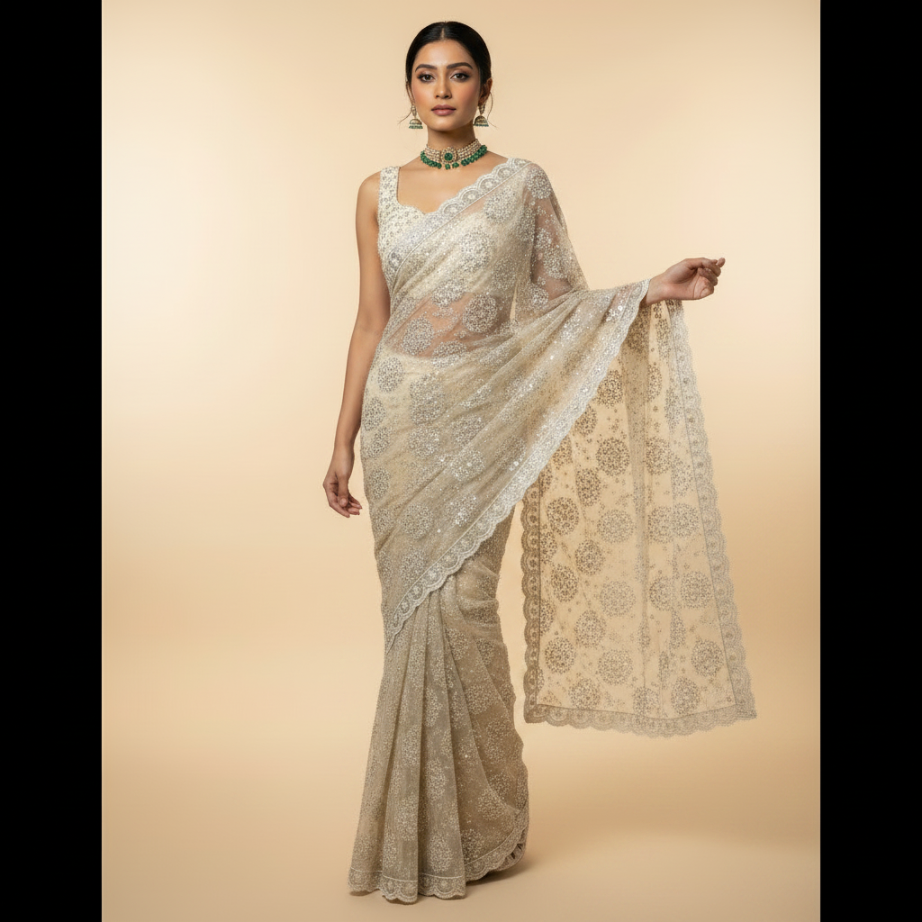 Sleeve cap blouse - Ivory / white Empress luxury wedding sari — modern South Asian fusion bridal or wedding guest sari, ENCHNTD London